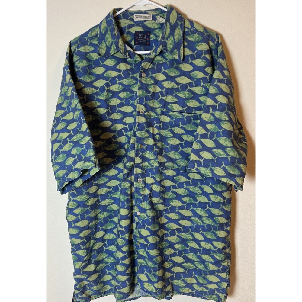 Scott Wynne Outfitters XL Men's Short Sleeve Shirt Fish Print Island Summer Blue